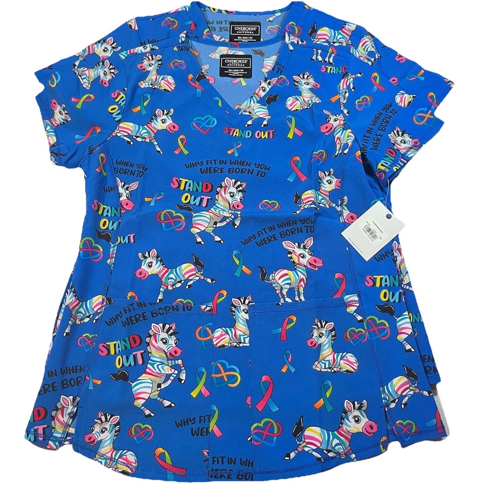 Cherokee Women's Unicorn Llama Zebra Scrub Top XS Nurse Doctor Office Autism
